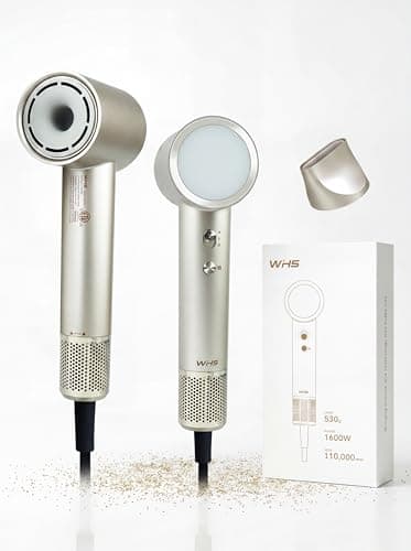 WHS Hair Dryer, 110,000 RPM High Speed Brushless Motor Ionic Blow Dryer – Low Noise Lightweight 110V Travel Hair Dryer with Concentrator Nozzle, Fast Drying for Home & Travel (Gold)