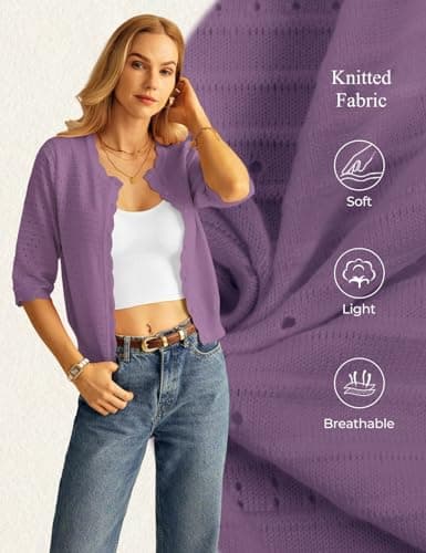 GRACE KARIN Womens Short Sleeve Cardigan Sweater, Lightweight Cotton Cardigan Trendy, Open Front Bolero Shrugs Purple - Thumbnail 4