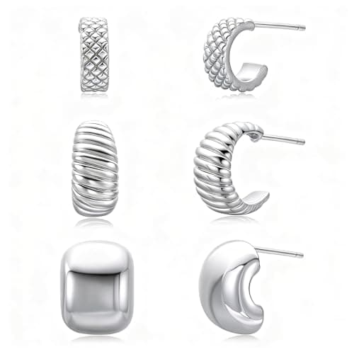 PerogeerJew 3Pairs Small Silver Huggie Hoop Earrings for Women, 14K Gold Plated Tiny Thick Hoops Earring Set for Multiple Piercing, Lightweight Open Chunky Hoops Trendy - Image 1