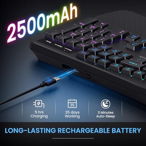 COLIKES Wireless Ergonomic Keyboard, Backlit Keyboard Silent with 15 RGB Lighting Effects, Leather Wrist Rest, 2500mAh Rechargeable, Multimedia Keys, Wave Keyboard for PC Computer Laptop Windows Mac - Thumbnail 6