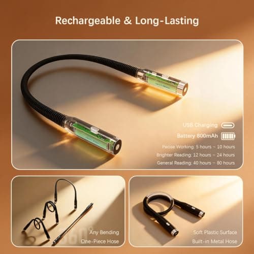 LED Neck Reading Light, 3-Color & 3-Brightness Adjustable Bendable Neck Light, USB Rechargeable Book Light for Reading in Bed, Knitting, Crochet, Camping, Working, Book Lovers Gifts (Pink) - Thumbnail 3