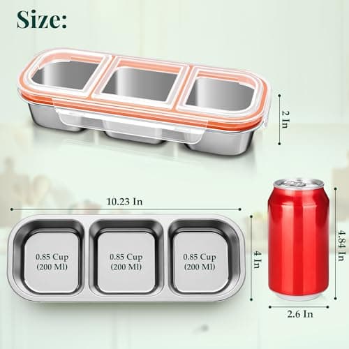 QCQHDU Snack Containers, Reusable Stainless Steel 3 Compartment Condiment Metal Bento Lunch Box with Lids, Divided Snack Food Storage Lunchable Containers for Home, Work, Travel, Camping, 5 Pack - Thumbnail 3