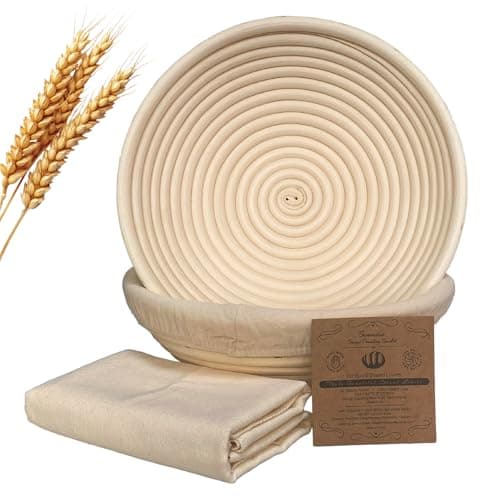Bread Proofing Basket Set of 2: 9.8 Inch Sourdough Proofing Baskets with 17"x29" Proofing Cloth for Bread Baking, 2 Proofing Bowls and Bread Couthe Cloth for Baguettes, Loaves - Image 1