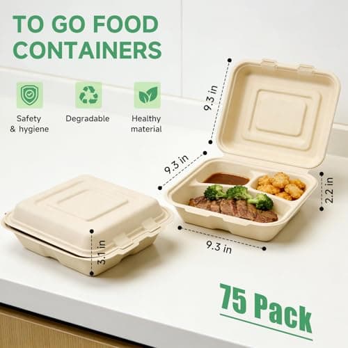 Clamshell Take Out Food Containers - 9x8 Inch Takeout Lunch Box Containers To Go Take Out Clamshell for Food, leftover containers with lids,Disposable Eco-Friendly Biodegradable, PFAS-Free (75) - Thumbnail 2