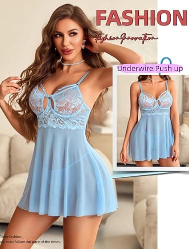 Avidlove Sexy Push Up Lingerie for Women V Neck Underwire Lingerie Set Sheer Lace Babydoll Chemise Dress Light Blue XL - Thumbnail 3