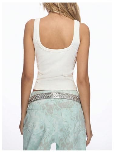 GORGLITTER Women's Glitter Rhinestone Crop Tank Top Scoop Neck Ribbed Knit Slim Tops 2026 Dressy Going Out Top White Medium - Thumbnail 4
