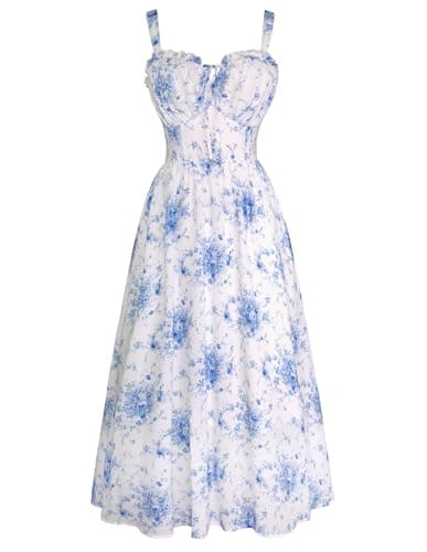 Summer Dresses for Women Floral Corset Dress Milkmaid Dress Boho Beach Dresses Blue L - Image 1