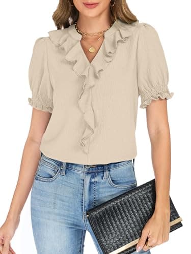 Funlingo Women's Dressy Casual Blouses Summer Smocked Puff Sleeve Ruffle V Neck Tops Flowy Business Work Shirts Trendy Spring Outfits Khaki 2XL - Image 1