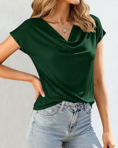 BTFBM Cowl Neck Tops for Women 2026 Summer Womens Tops Dressy Casual Business Blouses Short Sleeve Shirts Spring Outfits(Green, Large) - Thumbnail 4