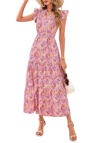 PRETTYGARDEN Women's 2026 Summer Floral Midi Dress Cap Sleeve V Neck Ruffle Long Flowy Boho Casual Beach Vacation Dresses (Floral Wine Red,XX-Large) - Image 1