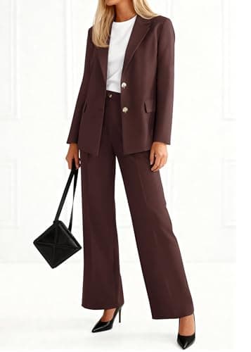 KIRUNDO Womens Suits 2 Piece Set Business Casual Blazer Jacket Wide Leg Dress Pants Suits Professional Work Office Outfits(Coffee, Medium) - Thumbnail 2