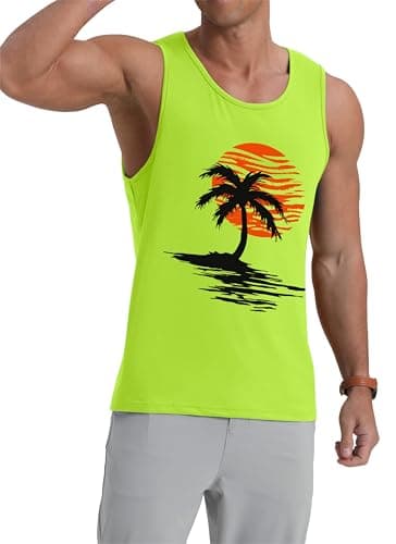 Mens Casual Summer Tank Tops Tropical Plants Graphic Crewneck Sleeveless Shirts Workout Gym Muscle Tops Beach Hawaii Vacation Fluorescein Palm Tree, M - Thumbnail 5