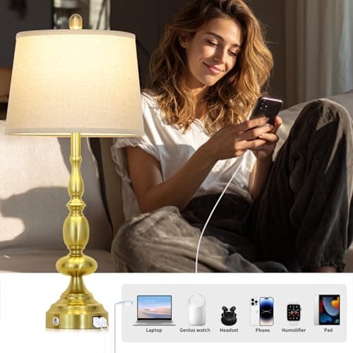 29" Tall Table Lamps for Living Room Set of 2 with USB C+A Charging Ports, Gold Farmhouse 3-Way Dimmable Bedside Lamps, Modern Industrial Nightstand Lamps for Bedroom End Table(2 LED Bulbs Included) - Thumbnail 2