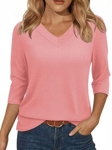 YESTTO Womens Tops 3/4 Sleeve V Neck Tunic Tops Casual Loose Fit Shirts Soft Lightweight Blouses Summer Dressy Basic Tees Coral - Image 1