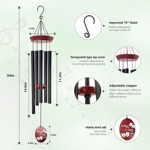 Windchime Cardinal Memorial Wind Chimes –Tuned Sympathy Wind Chime with “Cardinals Appear When Angels are Near” Saying, Red Bird Wind Sail, Outdoor Garden Gift for Loss of Loved One, Mom, Grandma - Thumbnail 6