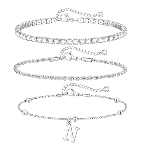 JIAOGE Silver Bracelets for Women - Silver Bracelet Stack Initial N Charm Bracelets for Women Stackable Rope Box Chain Tennis Bracelets Silver Jewelry for Women Gifts - Image 1