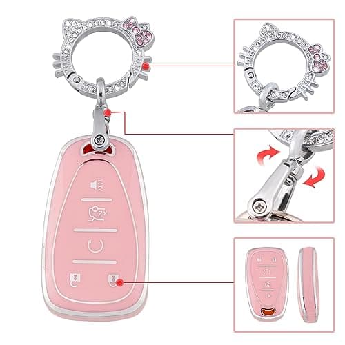 Pangpai Pink Key Fob Cover for Chevy, Soft TPU Key Case Protection with Bling Keychain Fit for Chevrolet Equinox Malibu Camaro Traverse - Thumbnail 4