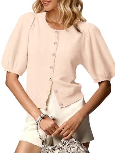 GREAIDEA Womens Puff Short Sleeve Cardigan 2026 Spring Summer Button Up Sweater Tops Business Casual Outfits Work Clothes Apricot L - Image 1