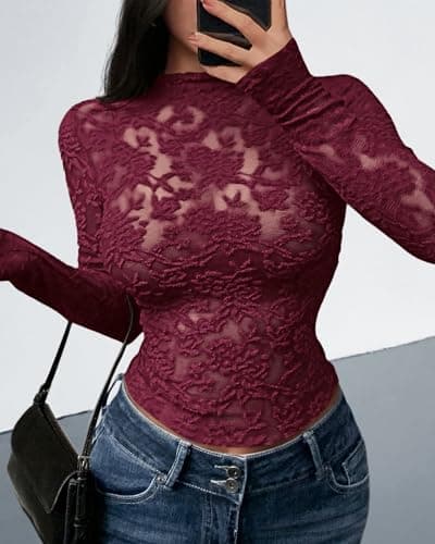 BTFBM Mesh Long Sleeve Tops for Women Lace Sexy Sheer Tight See Through Crew Neck Spring Fall 2026 Party Club Outfits(Burgundy, XX-Large) - Thumbnail 6