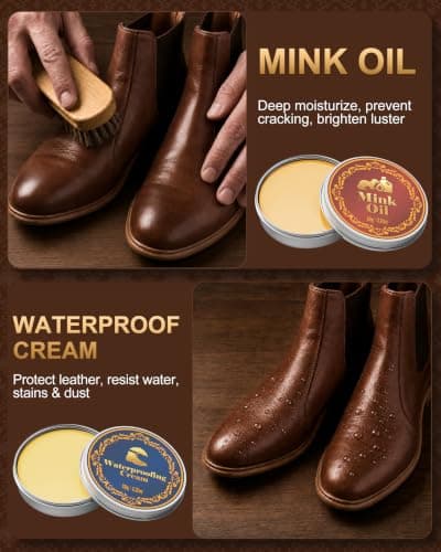 Jevvu Shoe Cleaning Kit, Saddle Soap, Mink Oil & Waterproof Wax, 10 PCS Boot Cleaner for Leather Cowboy Boots, Shoes, Work Boots and Tack, Shoe Shine Kit with Horsehair Brushes, Polish Cloths & Towel - Thumbnail 3