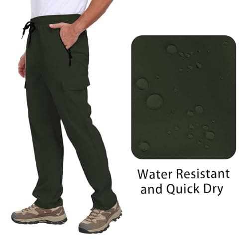 Mens Cargo Hiking Pants with 4 Pockets Waterproof Quick Dry Lightweight UPF 50+ Elastic Waist Drawstring Casual Work Travel Outdoor Fishing Army Green S - Thumbnail 6