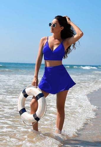 Pink Queen Women High Wasited Bikini Shoulder Strap 2 Piece High Waisted Swimsuits Swim Skirt Bathing Suit Sapphire Blue L - Thumbnail 3