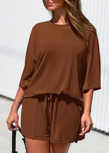 KIRUNDO 2 Piece Sets for Women Summer Lounge Sets Casual Oversized Tshirts Shorts Matching Airport Travel Outfits Postpartum(Brown, XX-Large) - Thumbnail 6