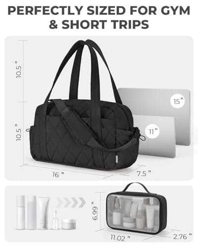 Percover Gym Bag for Women, Lightweight Quilted Travel Duffle Bag & Weekend Bag, Carry On Gym Duffle with Organized Compartments for Yoga & Short Trips, Black - Thumbnail 6