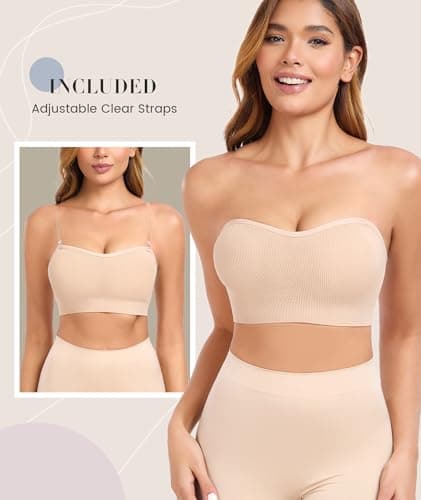 Finduself Strapless Bras for Women Non-Slip Padded Bandeau Bra Wireless Tube Top Bra Including Clear Straps - Thumbnail 2