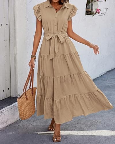 dowerme Women's Summer Casual Dresses 2026 Cap Ruffle Sleeve V Neck Button Belted Tiered Boho Maxi Dress with Pockets(Khaki,Large) - Thumbnail 6