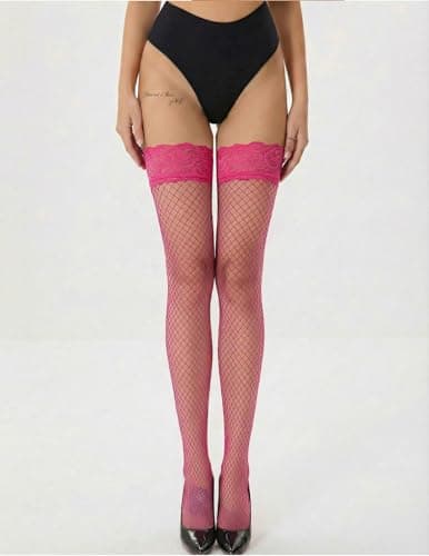 Avidlove Lace Top Thigh High Stockings for Women Sexy Fishnet Stocking Sheer Lingerie Tights Rose Red Medium Fishnet - Thumbnail 2