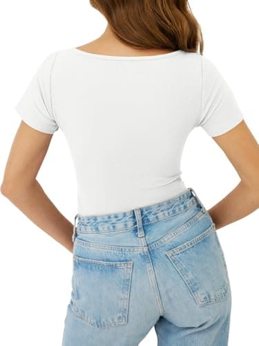 GKBK Boat Neck Tops for Women Ribbed Short Sleeve T-Shirts Slim Fitted Tight Compression Top Soft Y2K Basic Casual Going Out Tops for Spring Summer 2026 Trendy Fashion Outfits White - Thumbnail 5