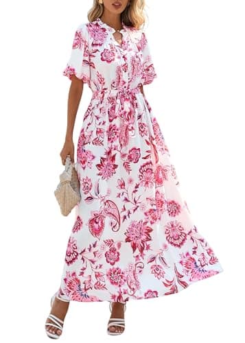 KIRUNDO Women Spring Summer Wedding Guest Boho Floral Maxi Dress Puff Sleeve Button Shirt V Neck Flowy Beach Vacation Dress(Floral White Rose Red, XX-Large) - Image 1