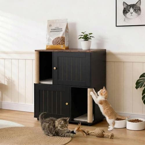 Garvee Cat Litter Box Enclosure for 2 Cats, Double Hidden Litter Box Furniture Cabinet with 2 Scratch Mat and Scratch Post, Modern Farmhouse Wooden Enclosed Cat Washroom, End Side Table - Thumbnail 3