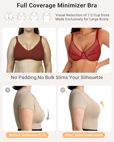 As Fairy Lace Underwire Bras for Women Full Coverage Minimizer Breathable Unlined Supportive Bra for Big Bust(Coral Red 42DDD) - Thumbnail 5