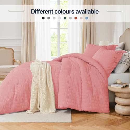 Quataly Queen Comforter Set Peach Pink,3PCS Seersucker Lightweight Bedding Comforter for All Season, Queen Size(90''×90'' Comforter & 2 Pillowcases) - Thumbnail 6