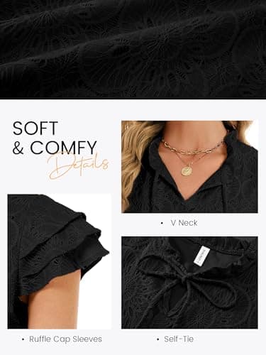 Funlingo Womens Blouses Dressy Casual Summer Cap Short Sleeve Hollow Out Eyelet Tops Ruffle Collar Lace Crochet Embroidered Shirts Black 2XL - Thumbnail 5