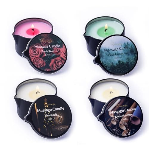 Massage Candle 4 Pack for Body Care,Low Temp Scented Soybean Wax Candle Melts into Warming Massage Oil for Skin Treatment-13.4 OZ (Scents-Pine & Eucalyptus, Fresh Rose, Limoncello,Amber Leather)