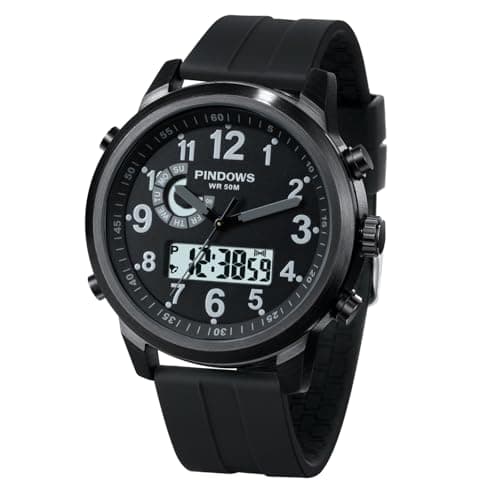 PINDOWS Watches for Men, 30M Waterproof Military Digital Analog Outdoor Sport Watch Multifunctional Wristwatch with Dual Time LED Backlight Alarm Stopwatch Calendar