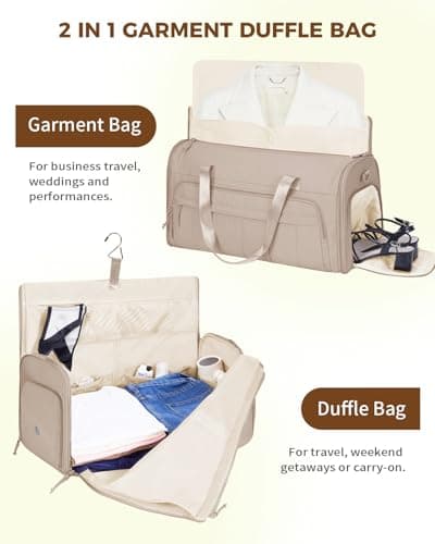 WANDF Convertible Garment Bags for Travel with Wet Pocket Carry on Garment Duffle Bag 2 in 1 Puffy Hanging Clothes Travel Bags with Shoe Compartment for Airplanes Business Weekend Gym Wedding (Khaki) - Thumbnail 4