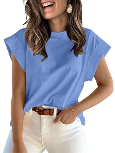 ZDC Women's Cap Sleeve Tank Tops Summer Crew Neck T Shirts Basic Loose Fit Solid Tee Blue - Image 1