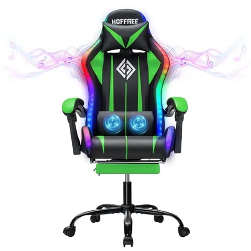HOFFREE RGB Gaming Chair with Speakers Massage Computer Gaming Chair with LED Lights and Footrest High Back Video Game Chair for Adults Green and Black - Image 1