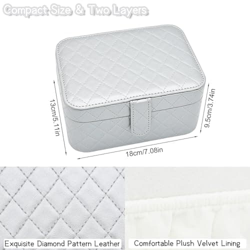 Cuifdem Jewelry Travel Case, 2-Layer Jewelry Box Organizer Medium Jewelry Travel Box, Portable Faux Leather Jewellery Storage Boxes with Argyle for Women, Daily Jewellery Case Home Use (Silver gray) - Thumbnail 2