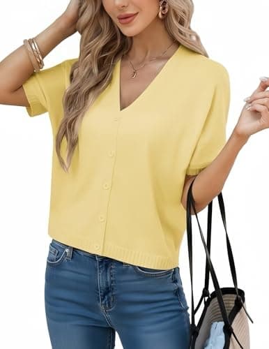GRACE KARIN Women Spring Short Sleeve Cardigan Sweaters Button Down Knit Shirt Dressy Casual Tops 2026 Summer Outfits Yellow - Image 1
