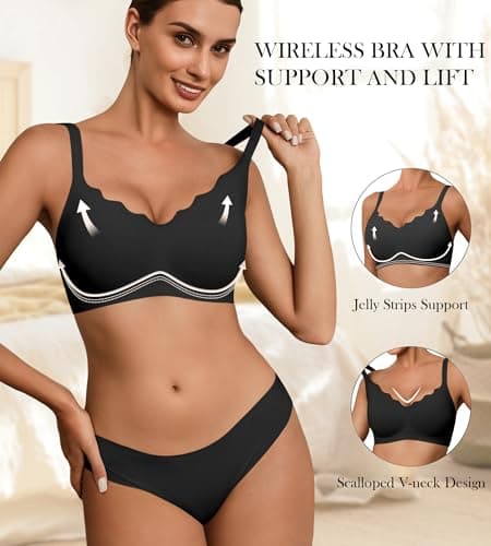 Bras for Women No Underwire Wireless Push Up Full Coverage Bra Padded Soft Scalloped Bra Comfort Bralettes(Black,M) - Thumbnail 2