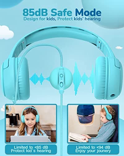 awatrue Kids Headphones for School Travel, 85/94dB Safe Volume Limit, 3.5mm Jack, HD Mic, Portable Wired Headphone with Shareport, Stereo Sound On-Ear Headphones for Toddler Kids Girls Boys Blue - Thumbnail 4