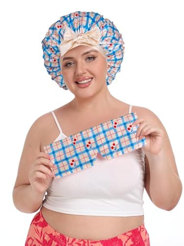 Vettres Double Layer Satin Bonnet for Sleeping with Detachable Eye Mask Adjustable Night Cap for Curly, Natural, Braided Hair Reduces Frizz & Locks in Moisture Blue Cherry - Thumbnail 4