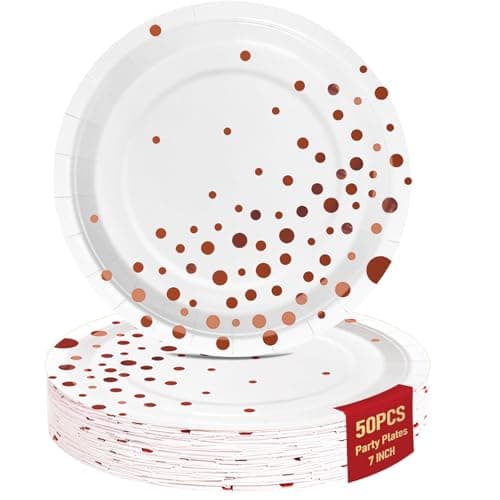White Rose Gold Paper Plates for Party, 7" Thickened Gold Dot Disposable Plates(50pcs),Birthday Cake Dessert Plates for Indoor/Outdoor Party Supplies&Decoration, Ideal for Birthday,Wedding,Baby Shower
