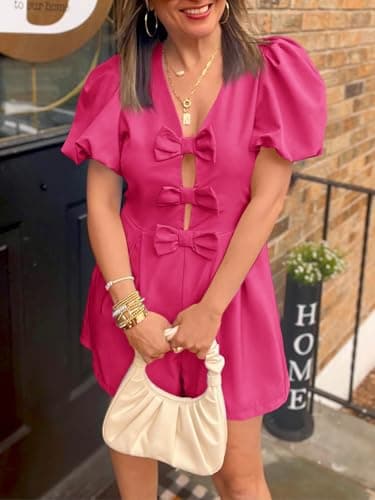 Cicy Bell Womens Cute Rompers Bow Front Puff Sleeve V Neck Short Jumpsuits Sexy Summer Outfits with Pockets - Thumbnail 6
