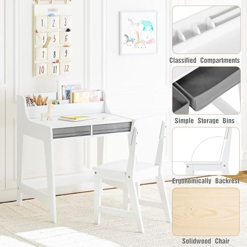 UTEX Kids Desk and Chair Set, Study Desk for Kids with Storage Bins, Wooden Children Study Table, Student Writing Desk for Bedroom & Study Room (2 Fabric Drawers) - Thumbnail 6